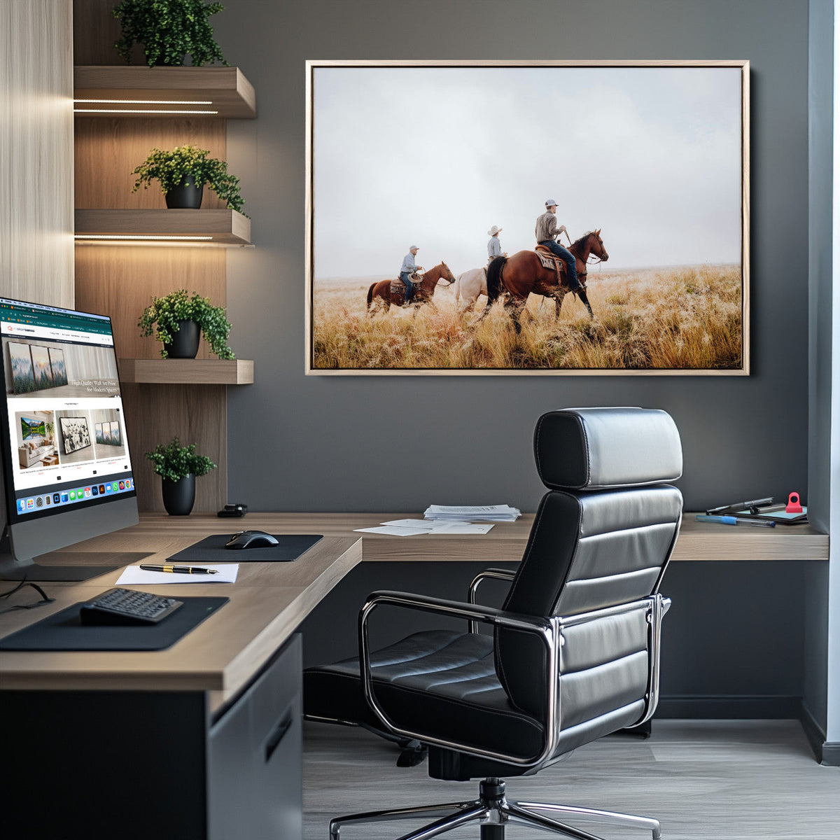 Western Cowboys Wall Art Canvas Print, Framed Horseback Riders on a Rustic Prairie