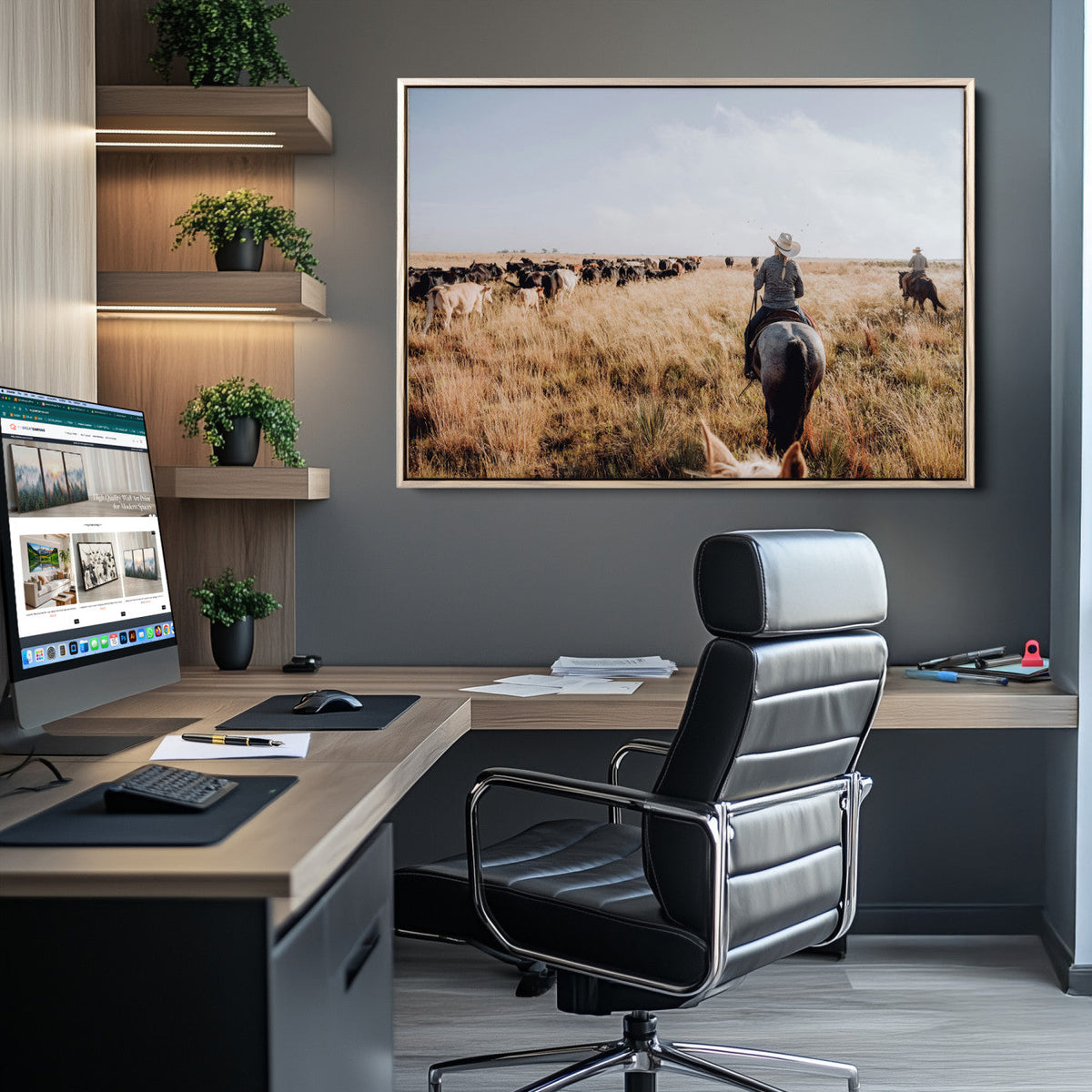 Western Wall Art Canvas Print, Framed Cowboy Cattle Drive Scene