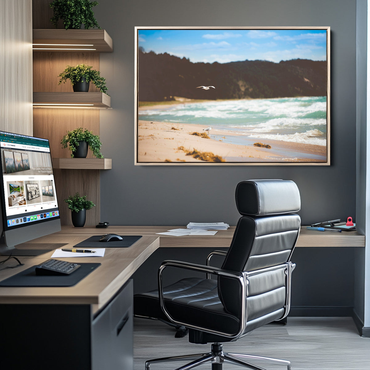 Tranquil Beach Wall Art Canvas Print, Framed Blue Ocean Waves on a Sandy Shore