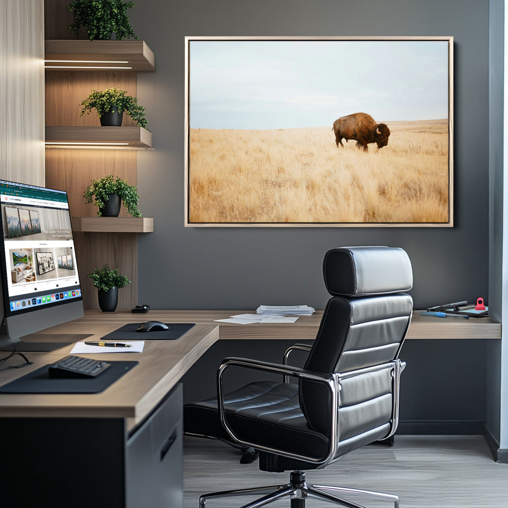 Buffalo Wall Art Canvas Print, Framed Western Wildlife Rustic Prairie Scene