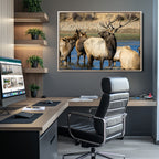 Wild Elk Wall Art Canvas Print, Framed Neutral Wildlife Scene