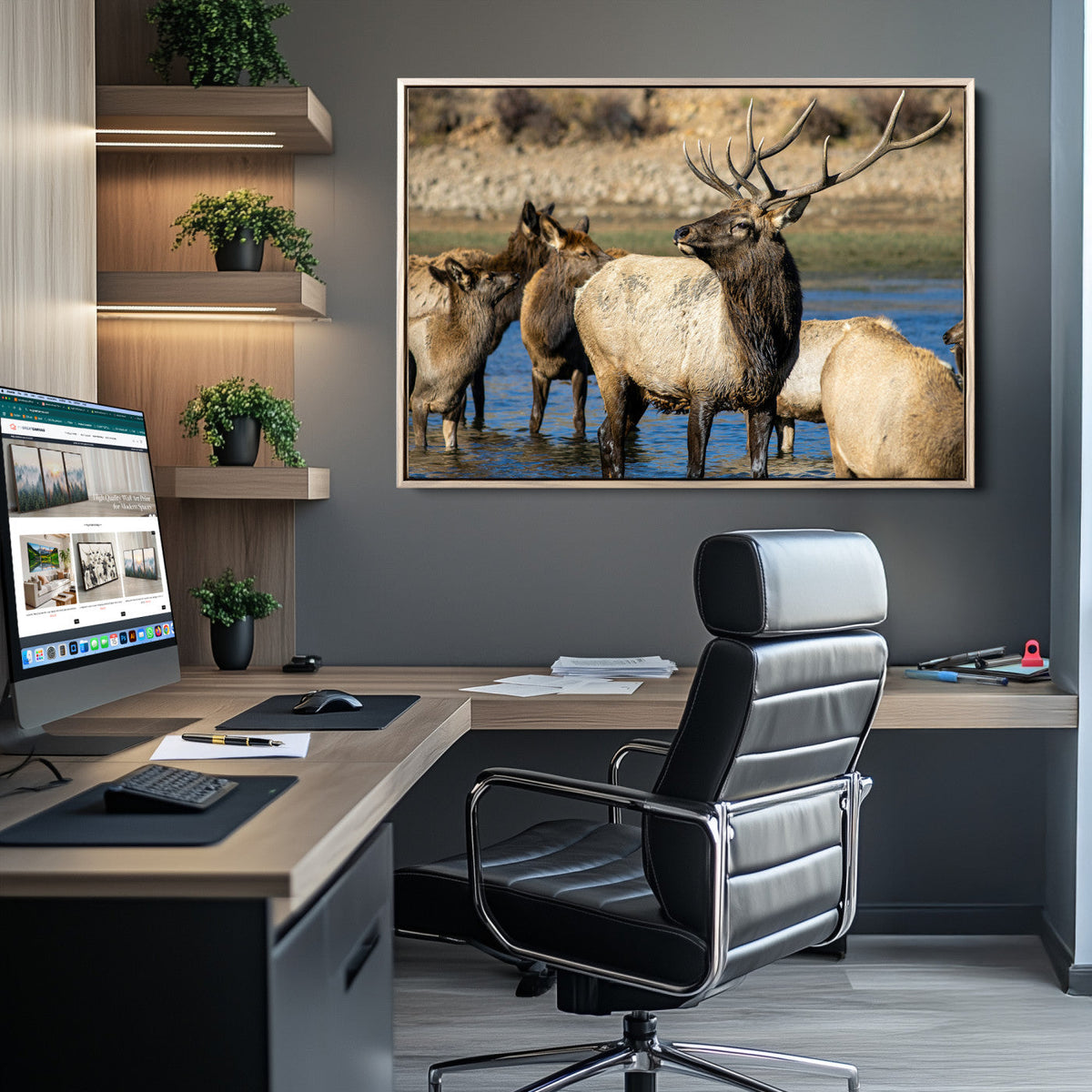 Wild Elk Wall Art Canvas Print, Framed Neutral Wildlife Scene