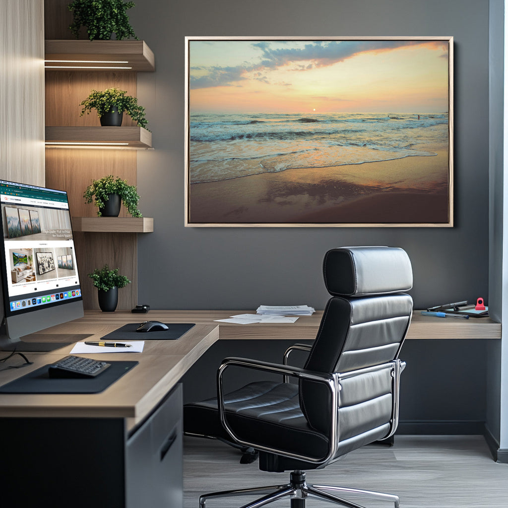 Sunset Seascape Wall Art Canvas Print, Framed Pastel Ocean View with Tranquil Shoreline