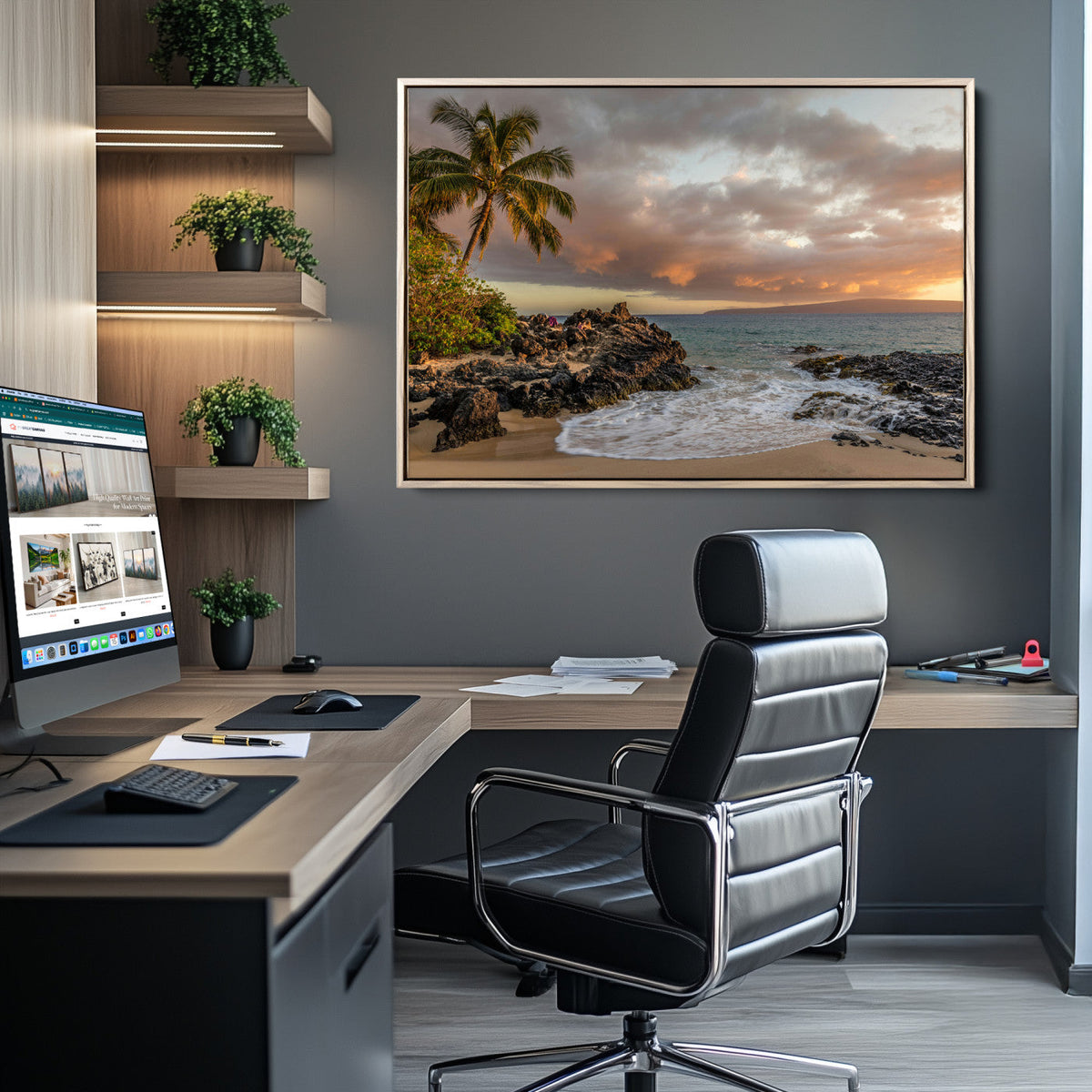 Tropical Beach Wall Art Canvas Print, Vibrant Hawaiian Sunset with Ocean Waves