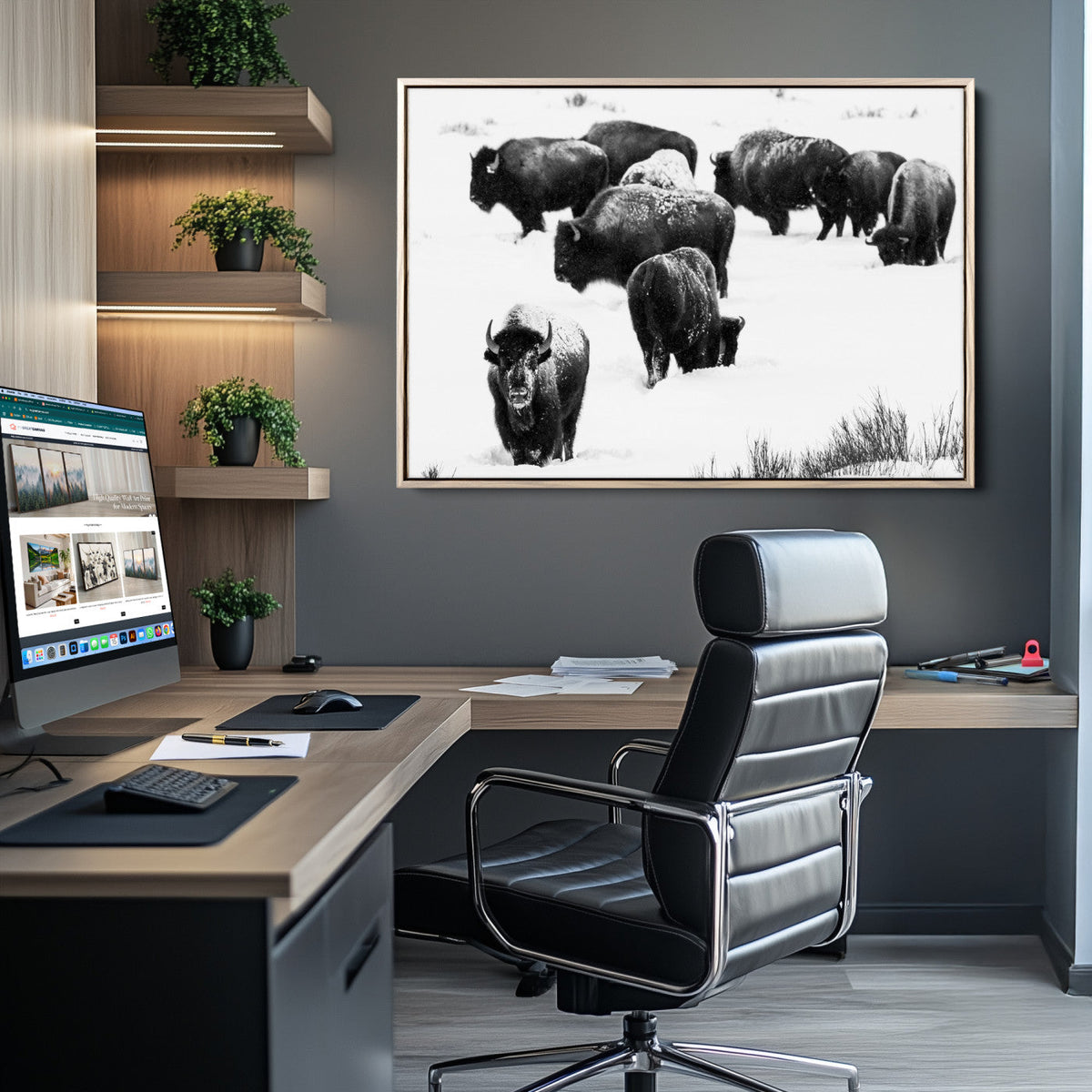Buffalo Herd Wall Art Canvas Print, Framed Black and White Snowy Landscape