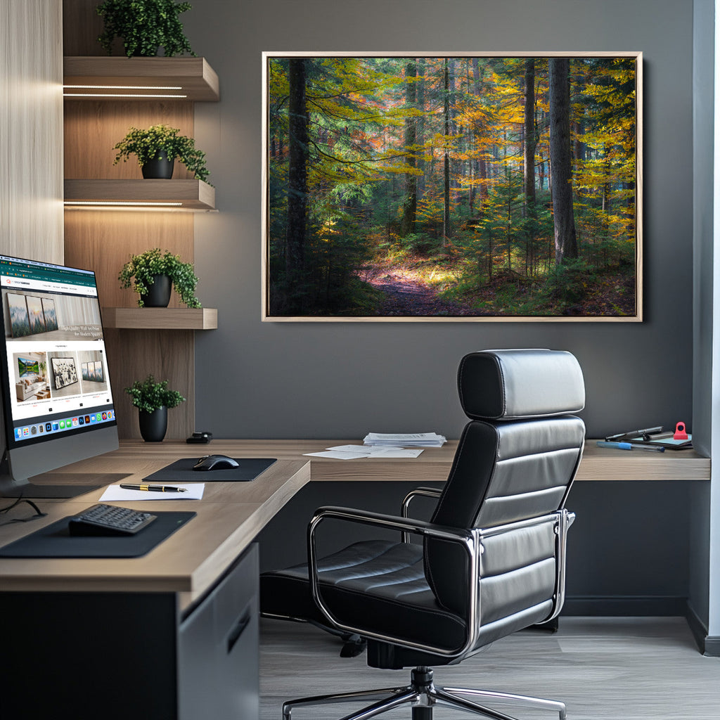 Autumn Forest Wall Art Canvas Print, Framed Fall Woodland with Golden Leaves