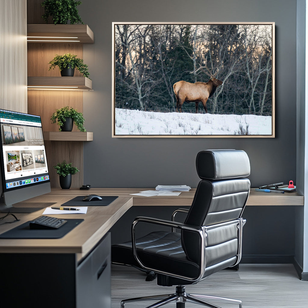 Wild Elk Wall Art Canvas Print, Framed Winter Wildlife in a Snowy Forest