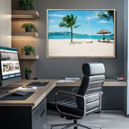 Tropical Beach Wall Art Canvas Print, Framed Palm Tree Ocean View with Calm Waves