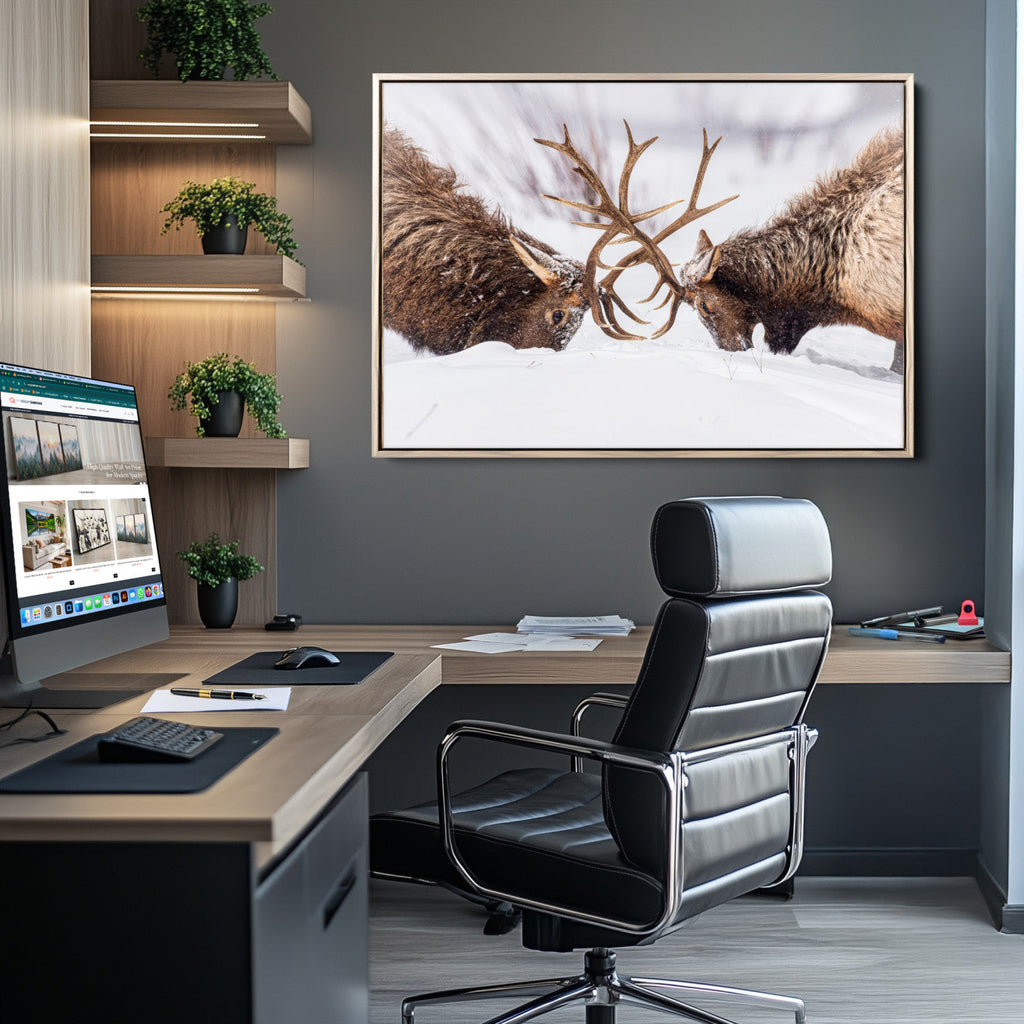Dramatic Elk Antler Battle Wall Art Canvas Print, Snowy Wildlife Scene