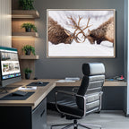 Dramatic Elk Antler Battle Wall Art Canvas Print, Snowy Wildlife Scene
