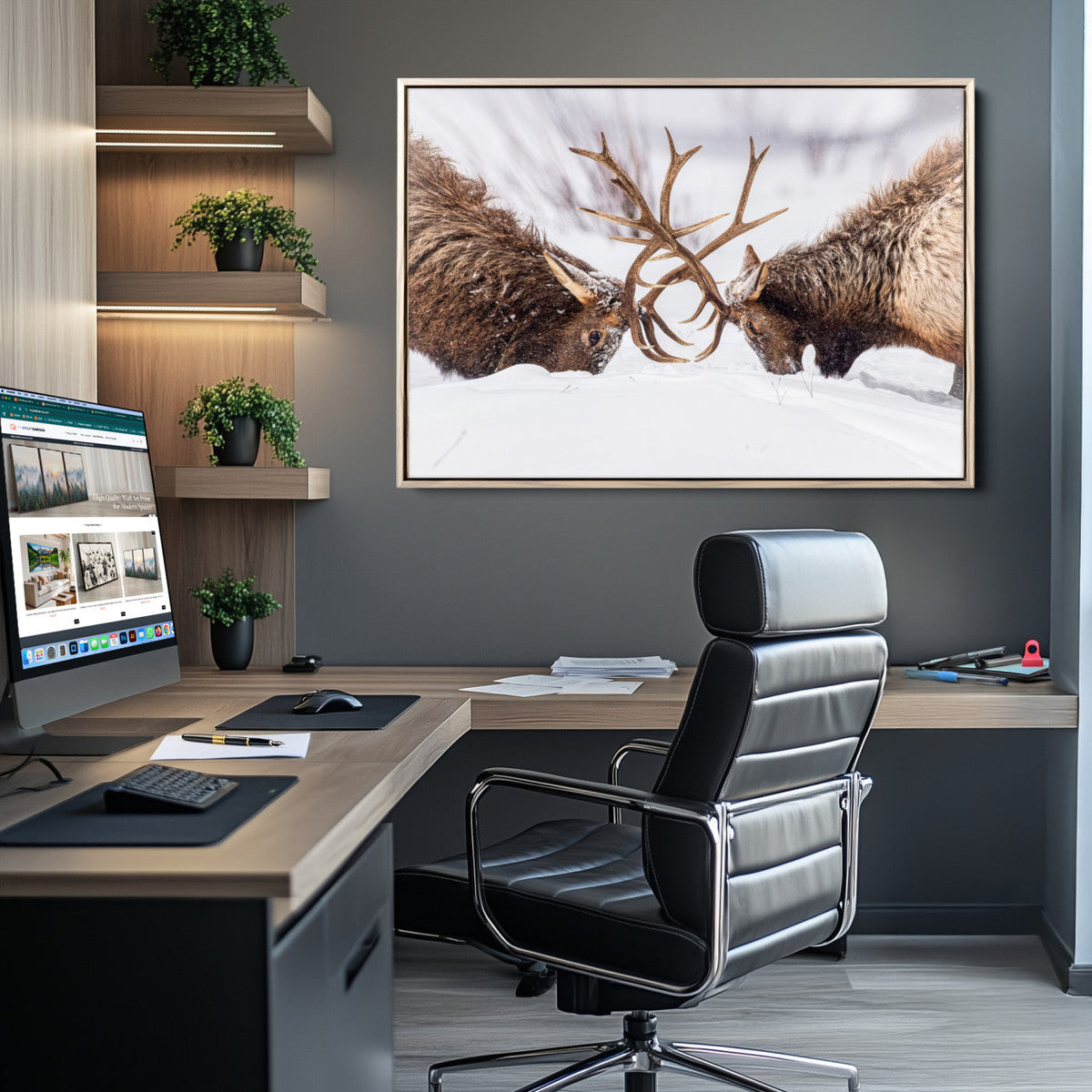 Dramatic Elk Antler Battle Wall Art Canvas Print, Snowy Wildlife Scene