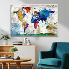 Navy Blue and Orange Watercolor World Map Canvas Print | Framed Travel Map