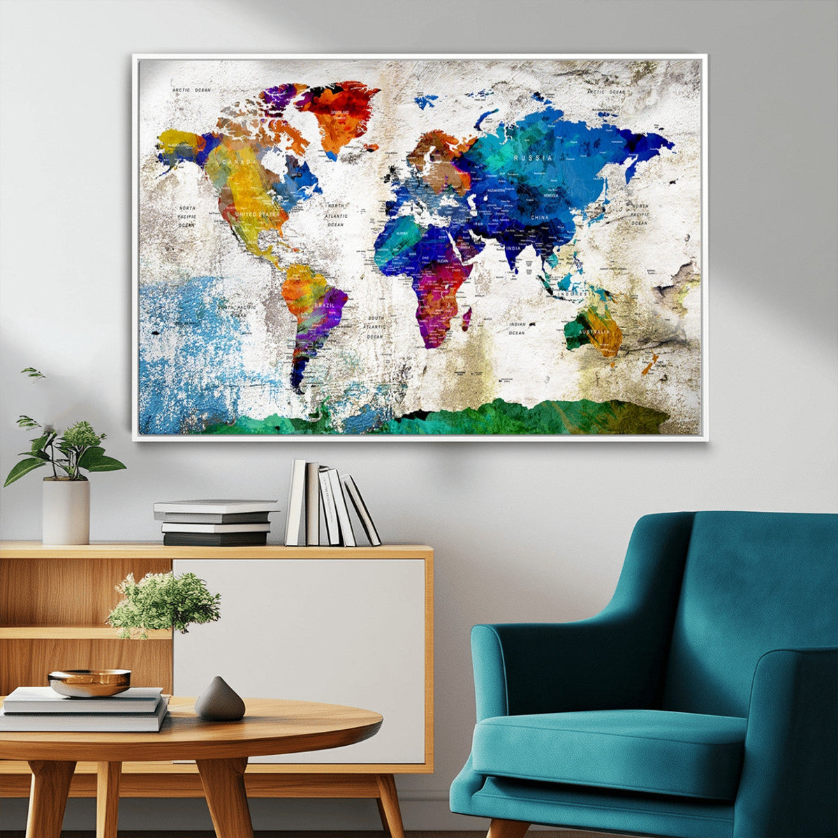 Navy Blue and Orange Watercolor World Map Canvas Print | Framed Travel Map