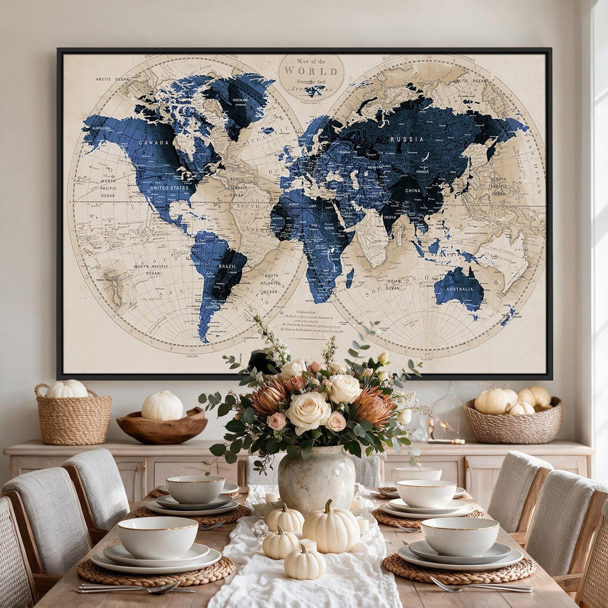 Vintage Blue World Map Canvas Wall Art | Antique Style Framed Map Print