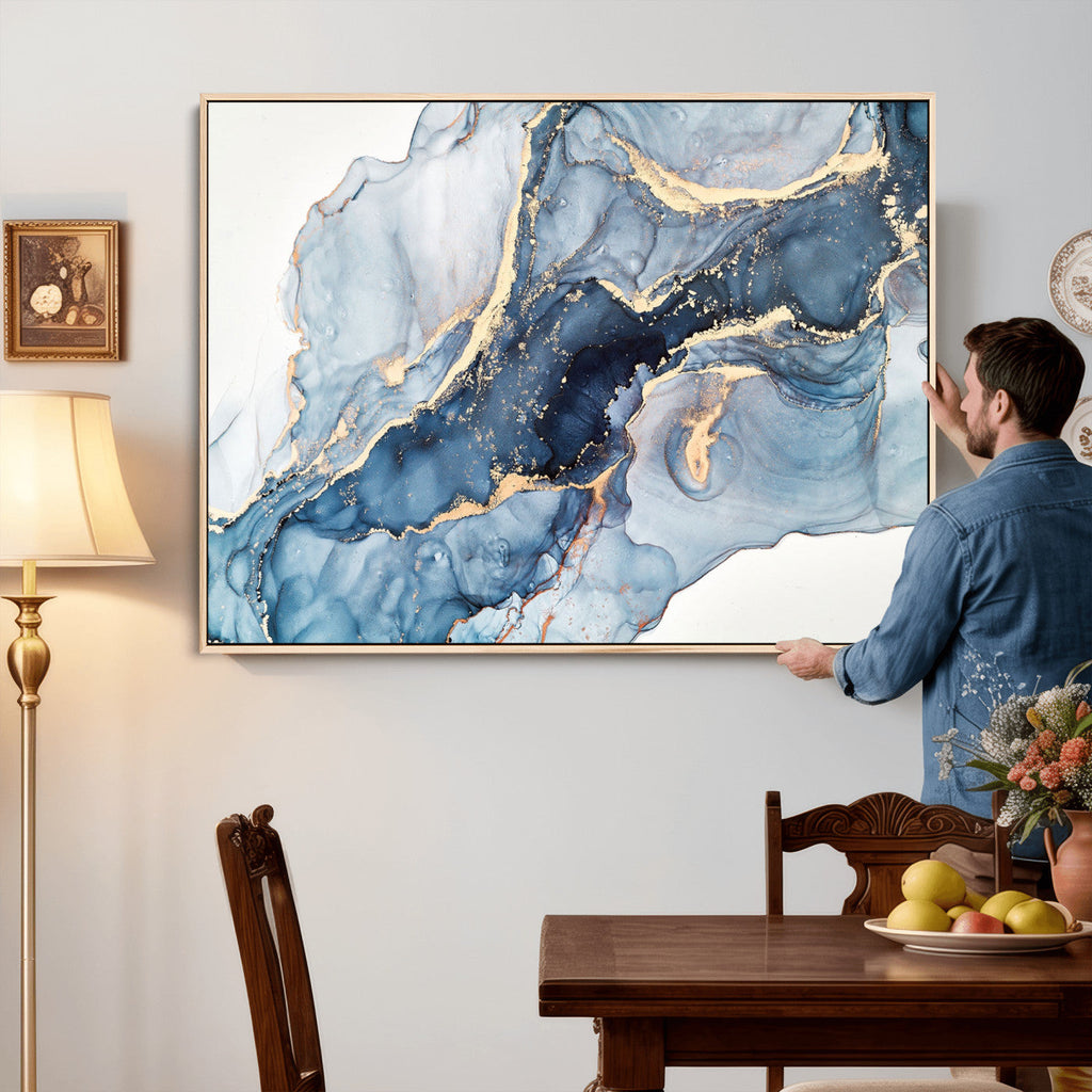 Blue Abstract Canvas Wall Art Print | Fluid Marble Effect Abstract Art