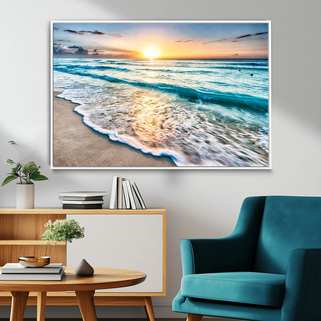 Sunset Beach Waves Canvas Wall Art | Ocean Sunset Coastal Print