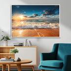 Golden Sunset Beach Triptych Canvas Art, Giclee Coastal Wall Decor, Ocean Waves Print