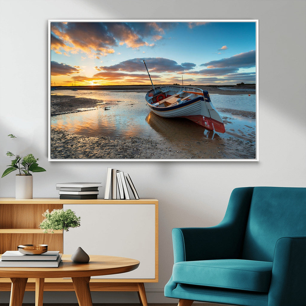 Small Boat At The Beach Sunset Wall Art, Boat Sunset Wall Art Canvas Print