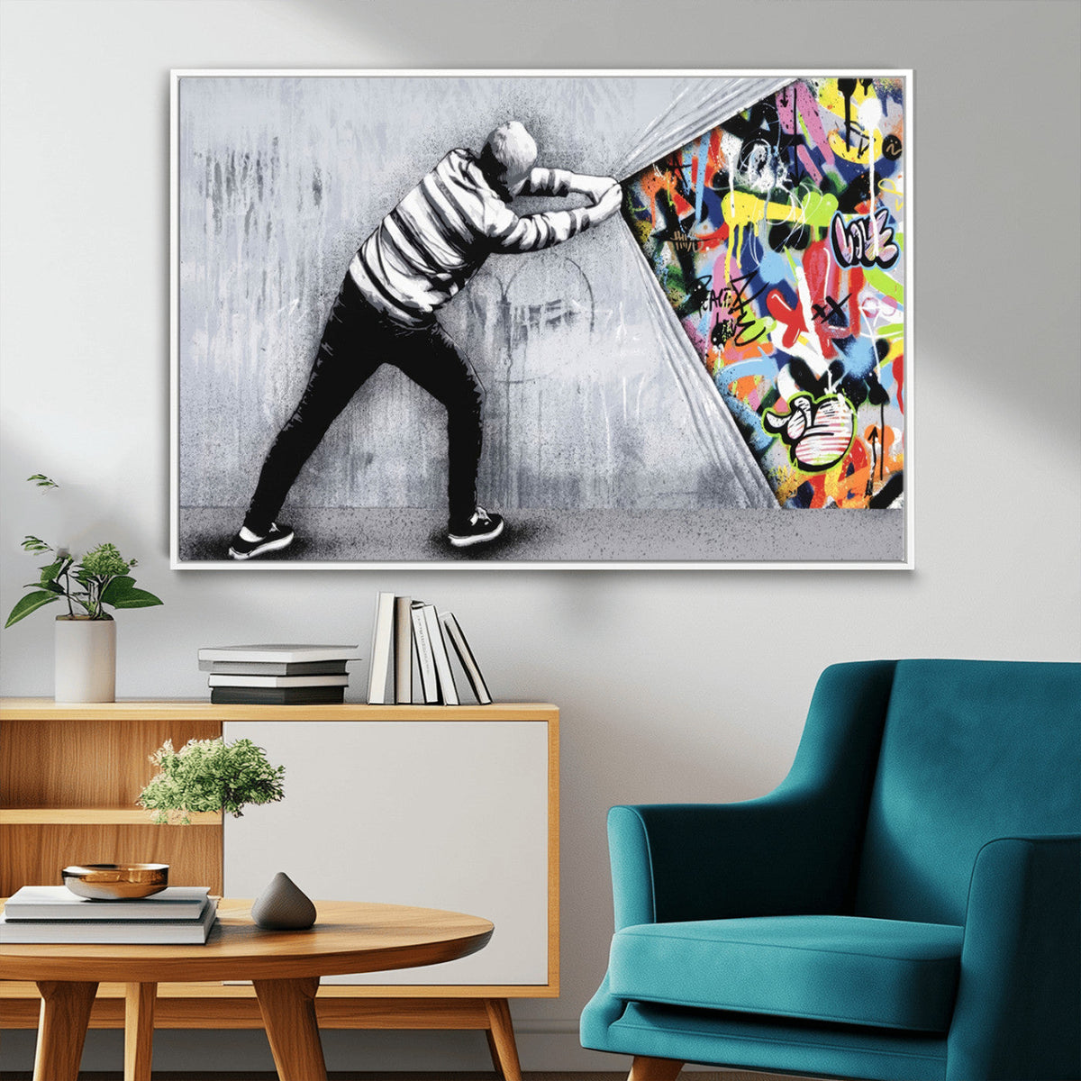 Banksy Art Behind the Curtain Street Wall Art Canvas Print | Urban Graffiti Style Wall Decor