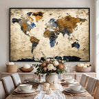 World Map Wall Art | Antique Style Blue and Brown Map Canvas Print