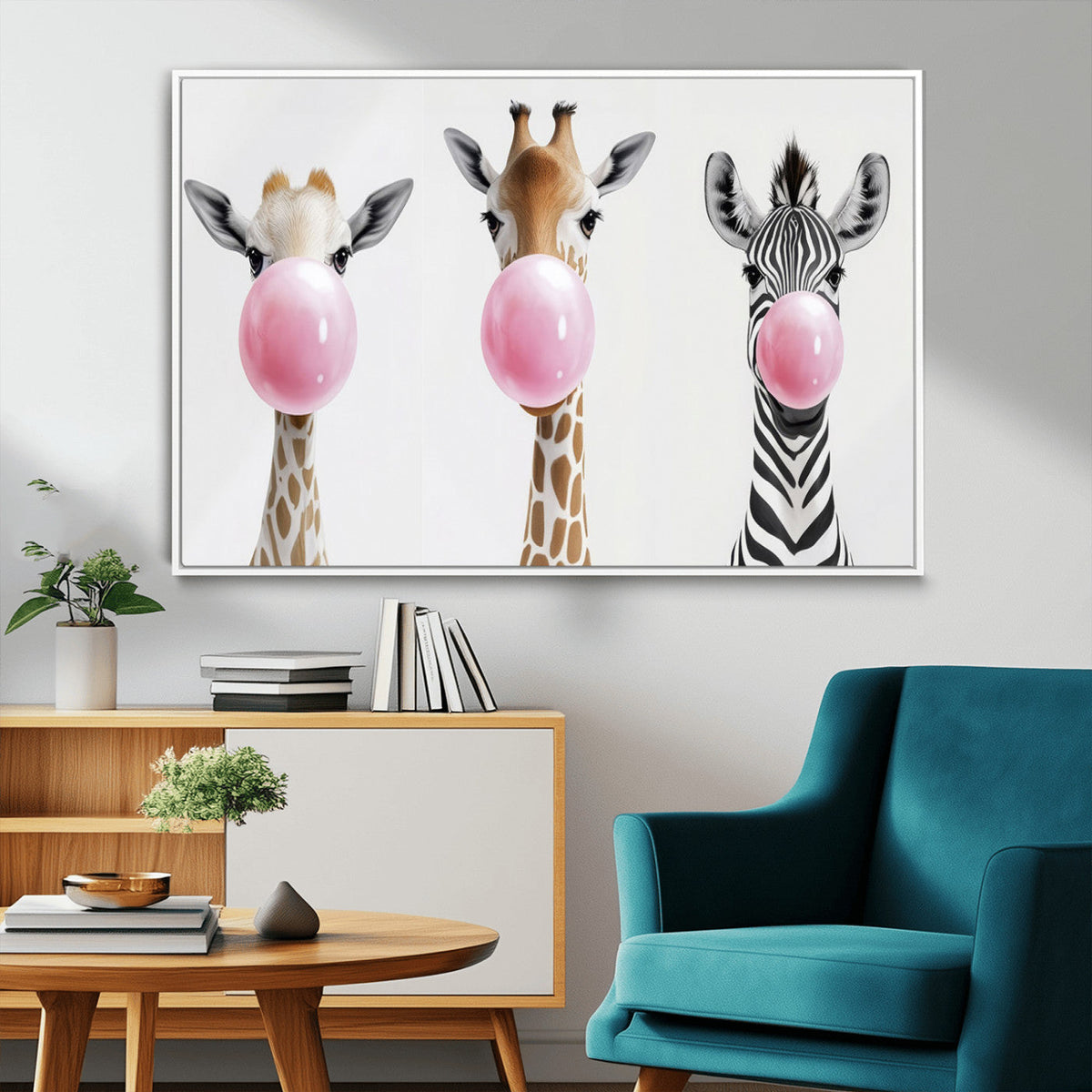 Bubblegum Animals Canvas Wall Art, Playful Giraffe and Zebra Trio, Whimsical Nursery and Kids Room Decor