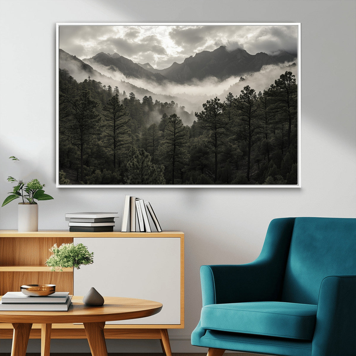 Moody Forest Wall Art | Framed Mountain Fog Canvas Artwork
