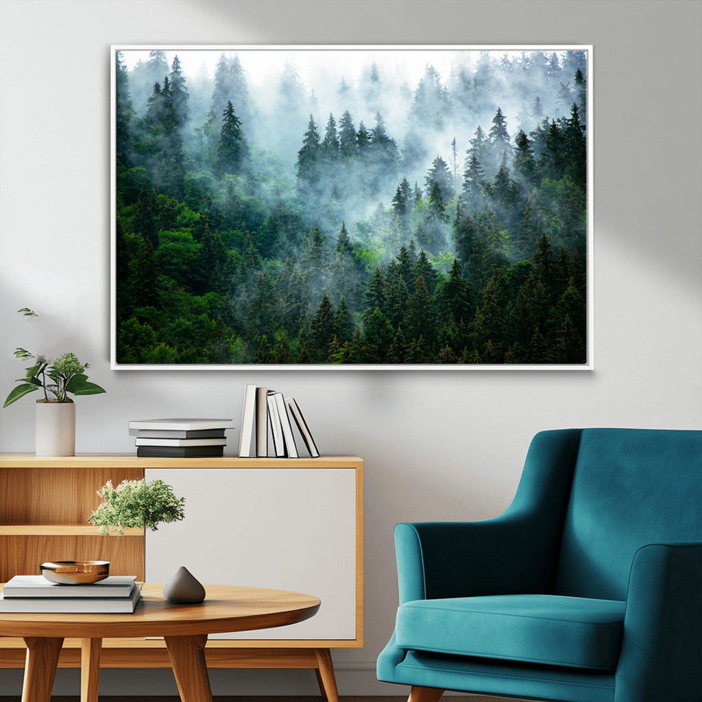 Misty Forest Wall Art Canvas Print, Framed Foggy Mountain Art, Large Scenic Woodland Canvas