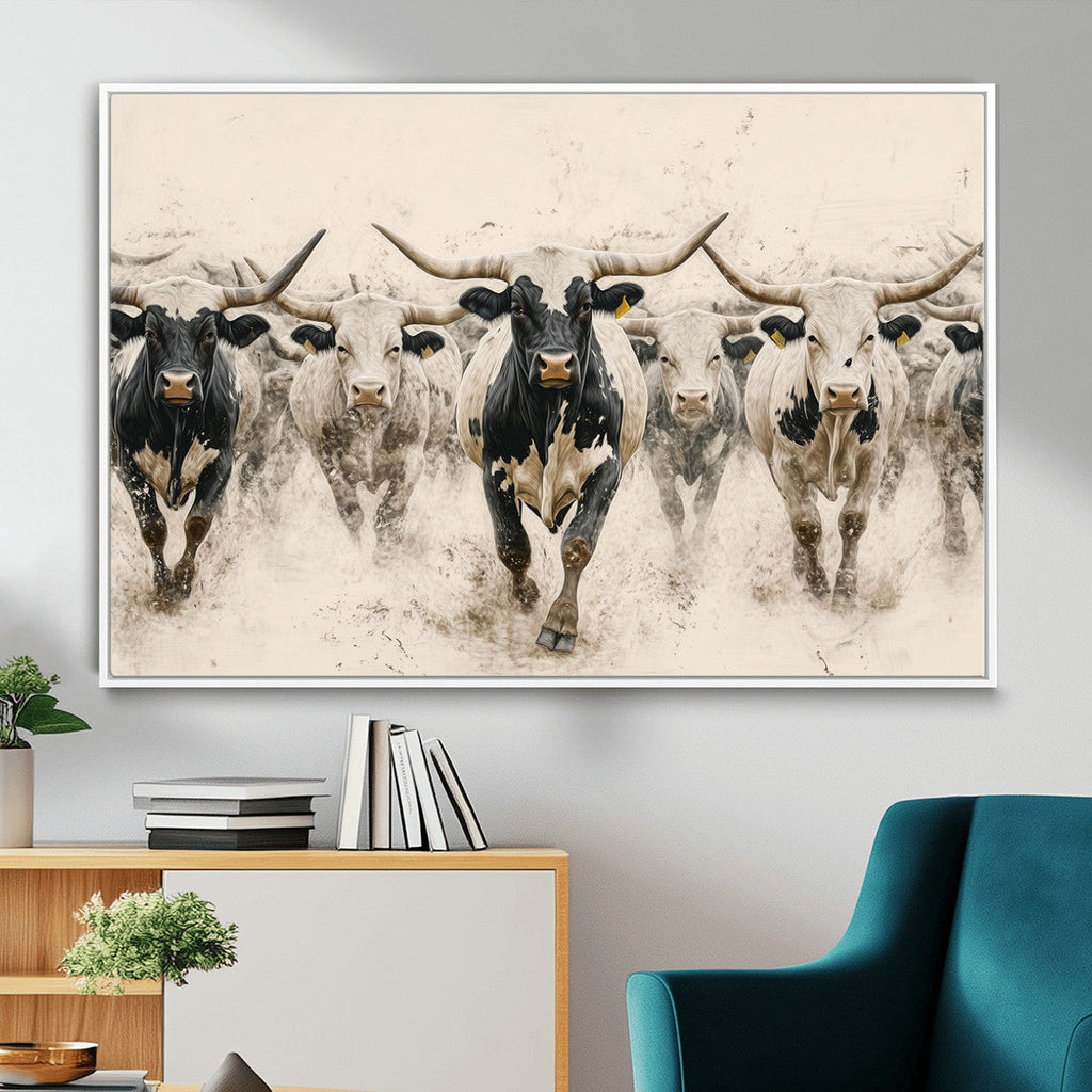 Texas Longhorn Wall Art | Framed Cattle Walking Canvas