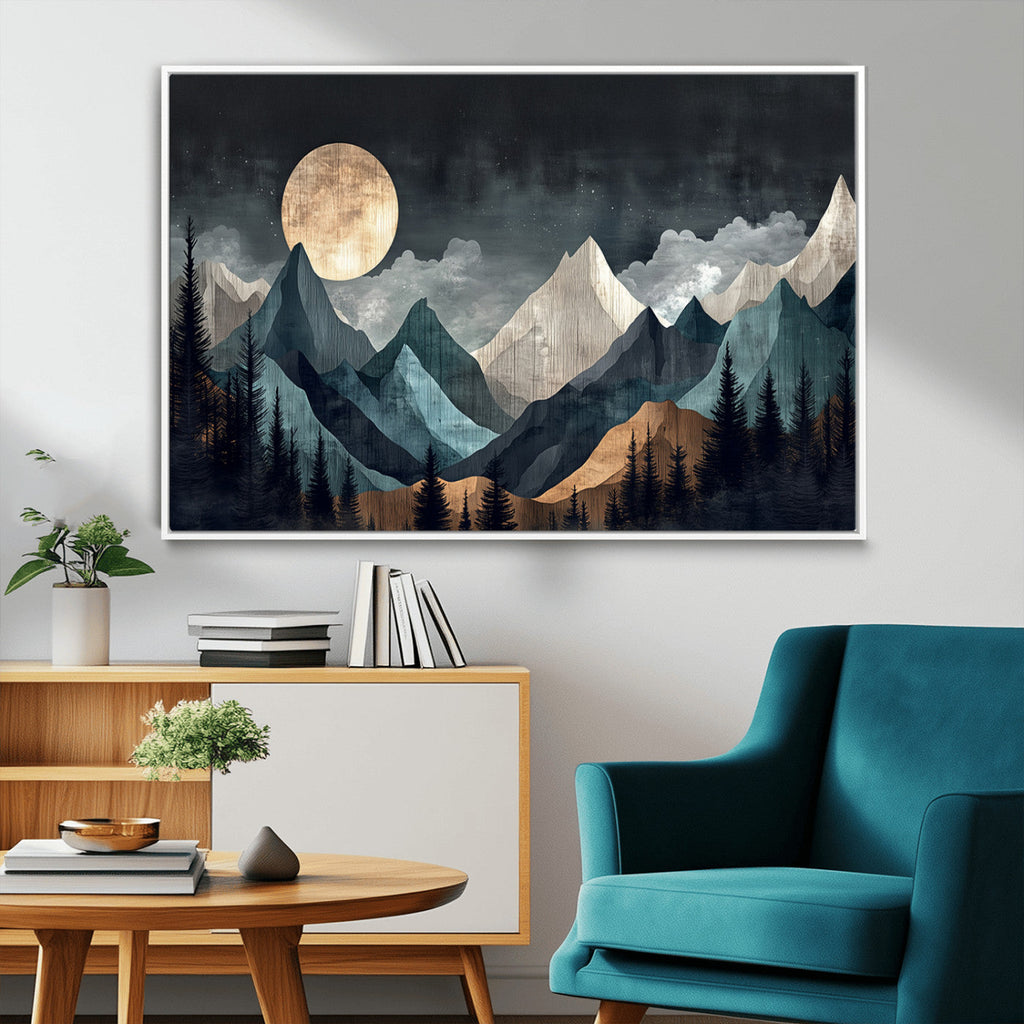 Moonlit Mountain Wall Art Canvas Print, Framed Silhouetted Pines Art, Layered Peaks Rustic Decor