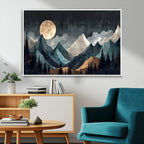 Moonlit Mountain Wall Art Canvas Print, Framed Silhouetted Pines Art, Layered Peaks Rustic Decor