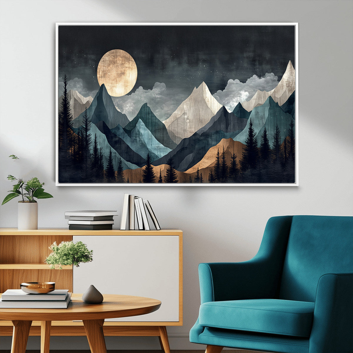 Moonlit Mountain Wall Art Canvas Print, Framed Silhouetted Pines Art, Layered Peaks Rustic Decor