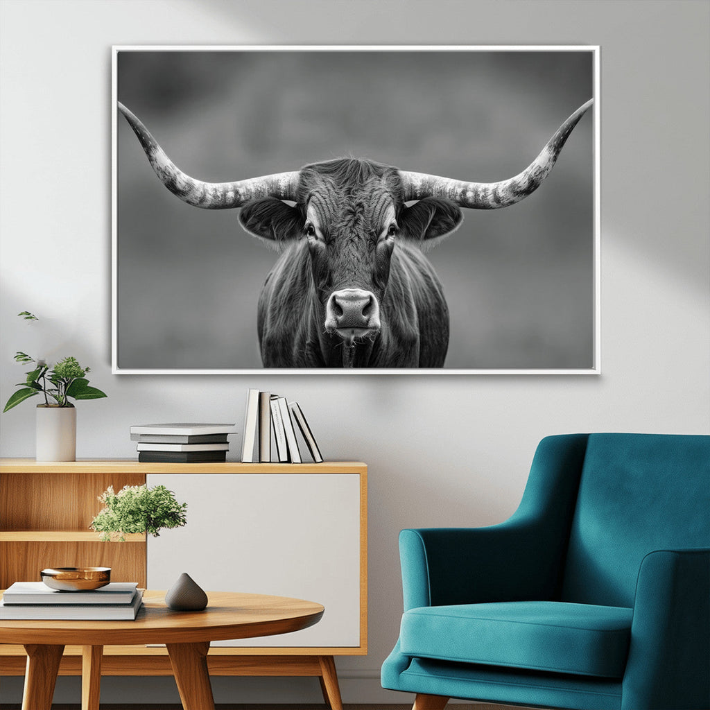 Texas Longhorn Wall Art Canvas Print, Framed Western Bull Photography, Rustic Log Cabin Decor