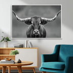 Texas Longhorn Wall Art Canvas Print, Framed Western Bull Photography, Rustic Log Cabin Decor