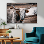 Texas Longhorn Wall Art Canvas Print | Framed Brown and White Spotted Longhorn