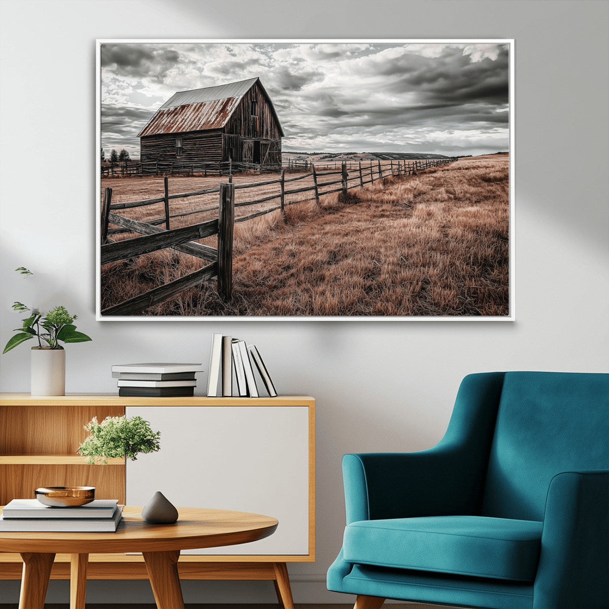 Rustic Barn Wall Art Canvas Print, Framed Moody Field Scene