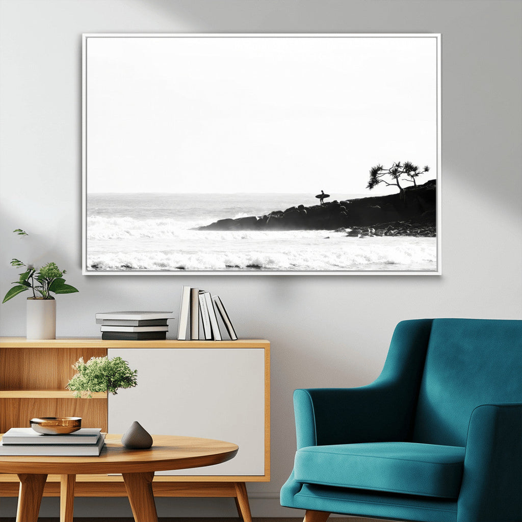 Surfer Cliffs Wall Art Canvas Print, Framed Black White Beach and Ocean Waves