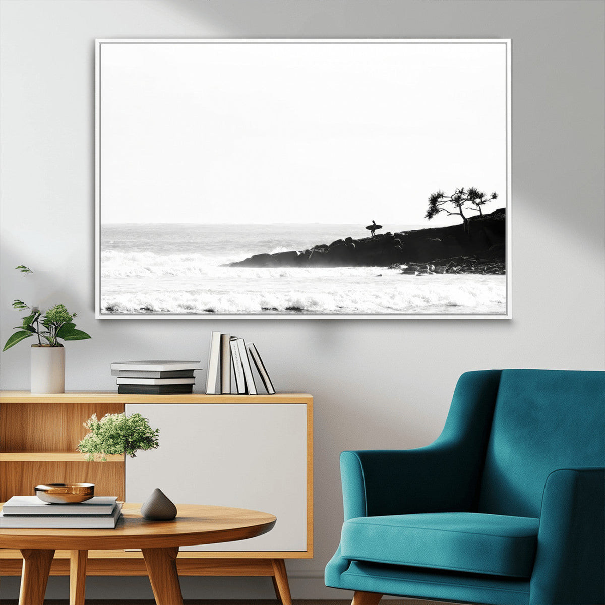 Surfer Cliffs Wall Art Canvas Print, Framed Black White Beach and Ocean Waves