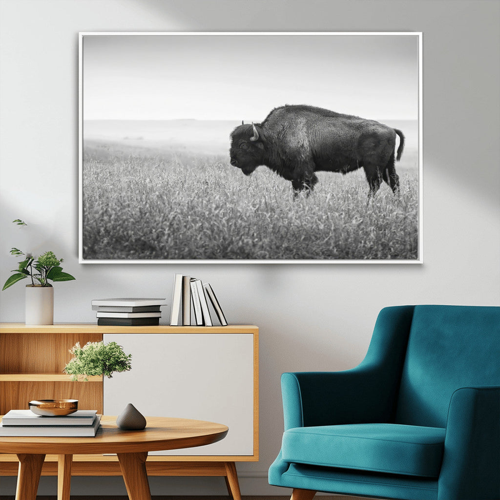 Bison Wall Art Canvas Print, Framed Rustic Wildlife Scene with Wild Buffalo
