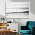 Black White Ocean Wall Art Canvas Print, Framed Coastal Sport and Ocean Swimmers Scene