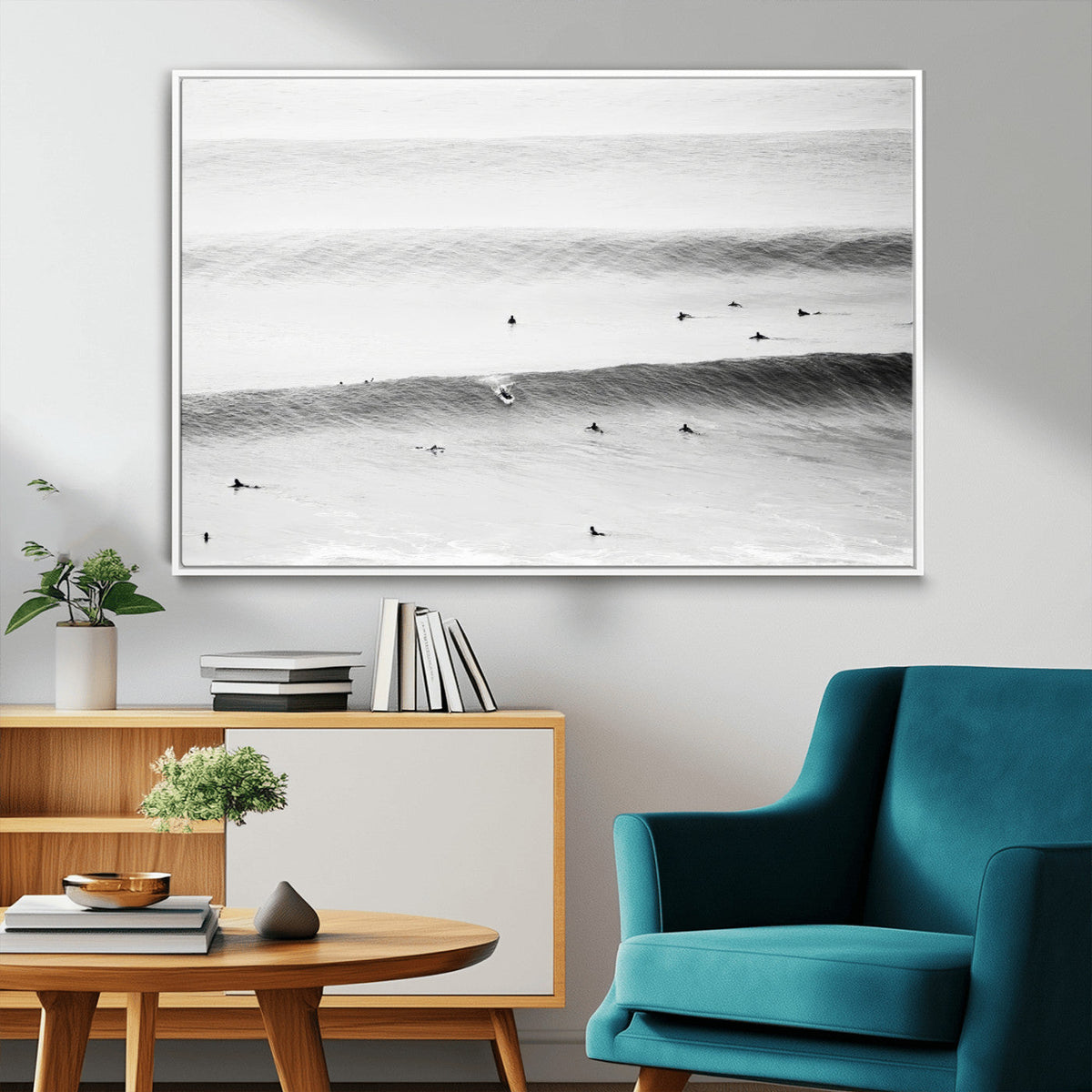 Black White Ocean Wall Art Canvas Print, Framed Coastal Sport and Ocean Swimmers Scene