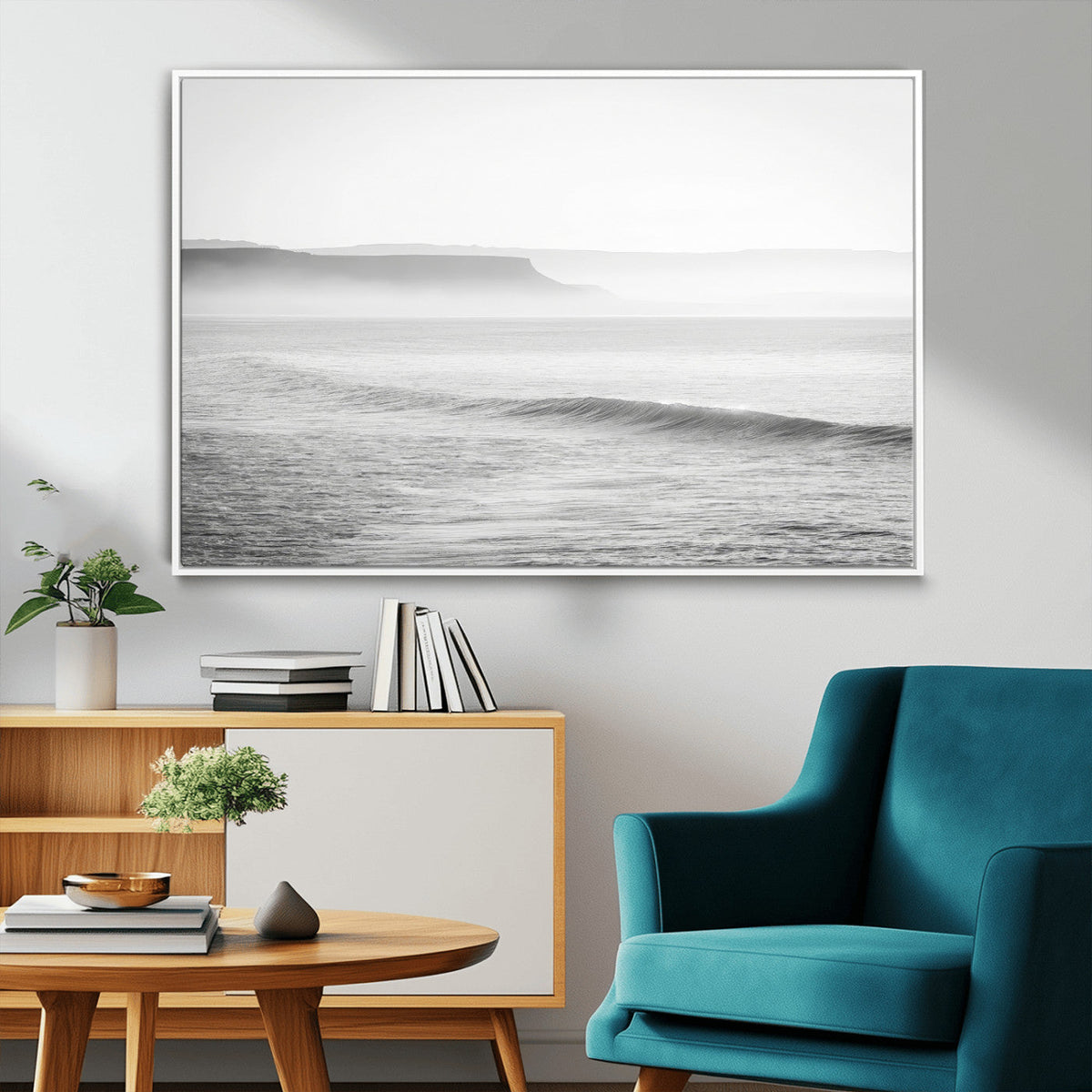 Black and White Seascape Wall Art Canvas Print, Framed Misty Ocean Waves