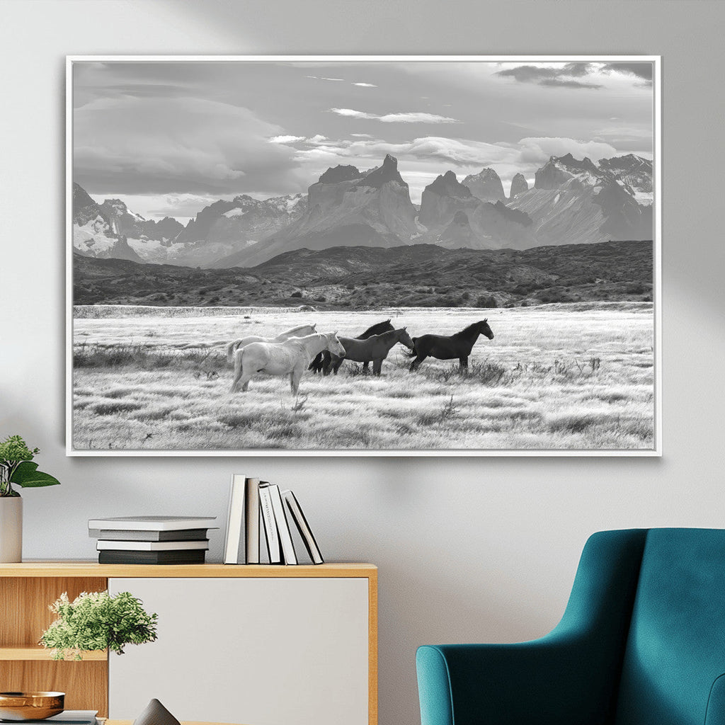 Wild Horses Wall Art | Framed Black White Mountain Canvas