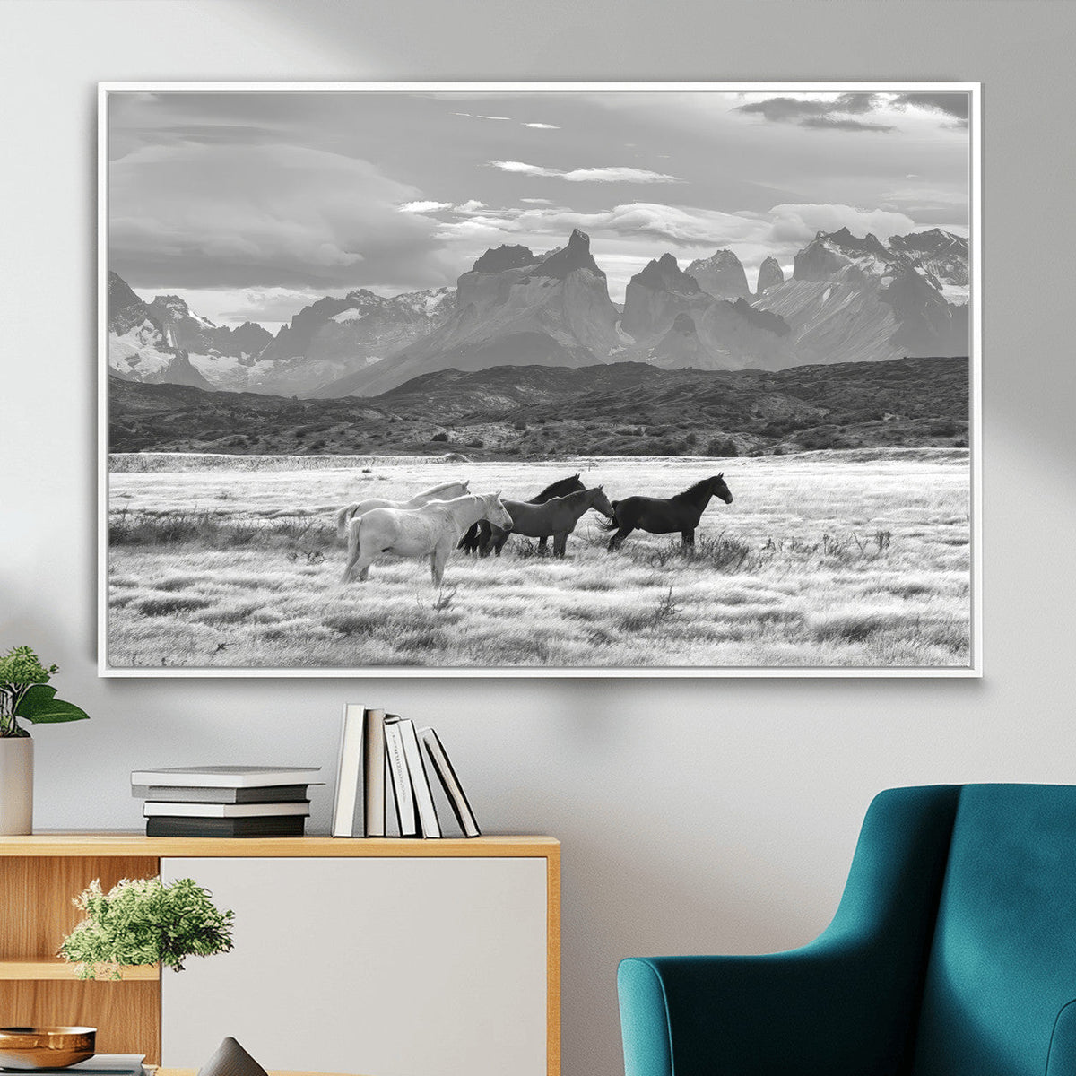 Wild Horses Wall Art | Framed Black White Mountain Canvas
