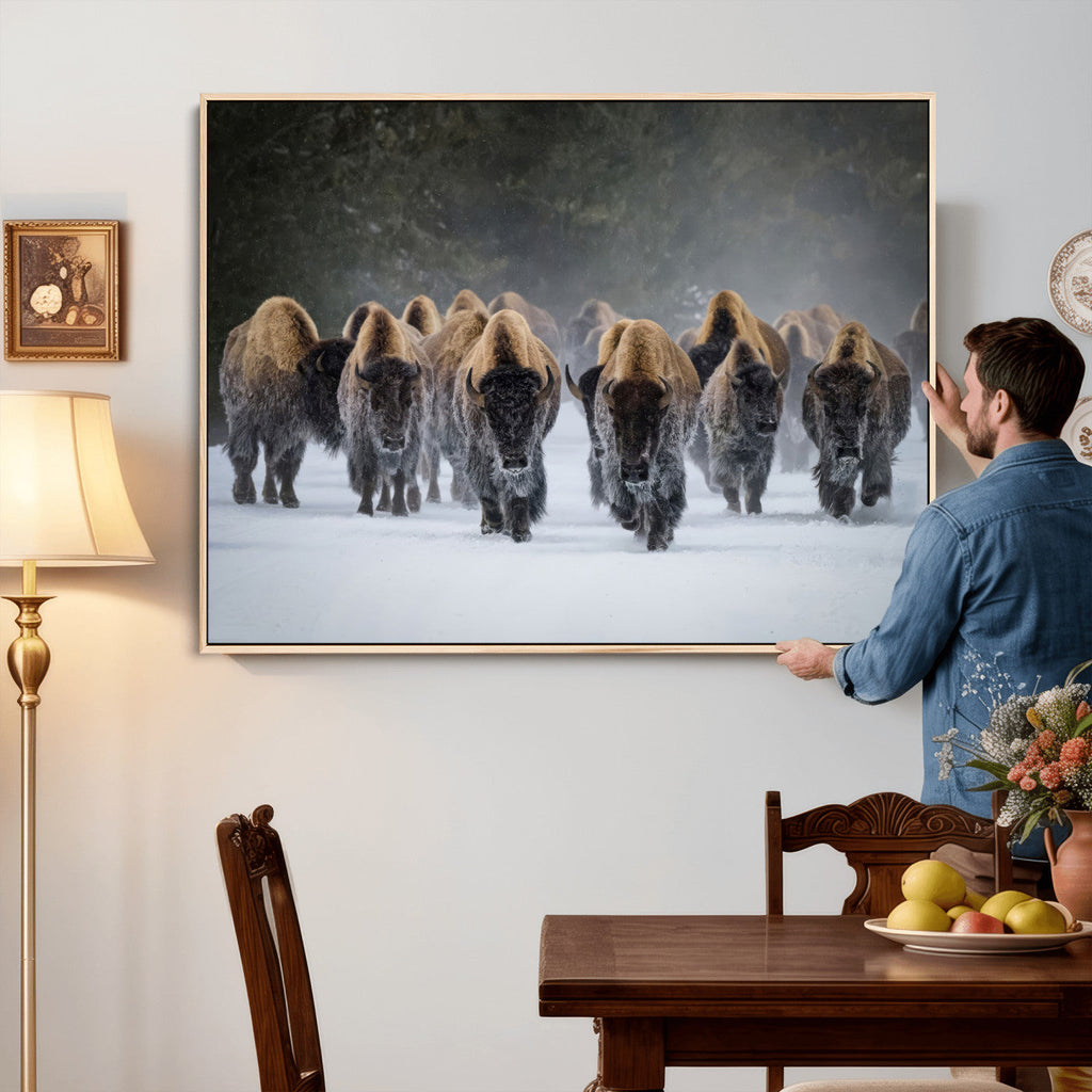 Bison Herd Wall Art Canvas Print, Framed Rustic Wildlife Decor, Snowy Bison Landscape