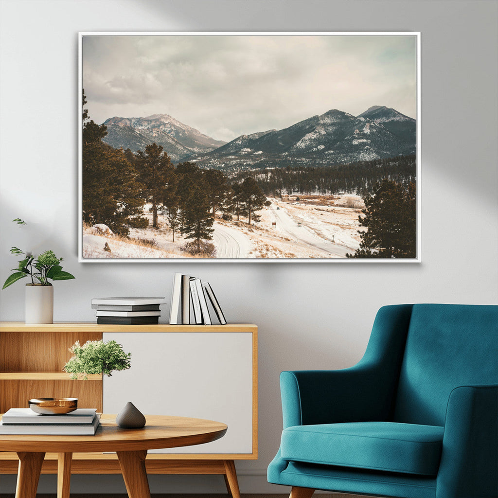 Mountain Landscape Wall Art Canvas Print, Framed Snowy Peaks Alpine Winter