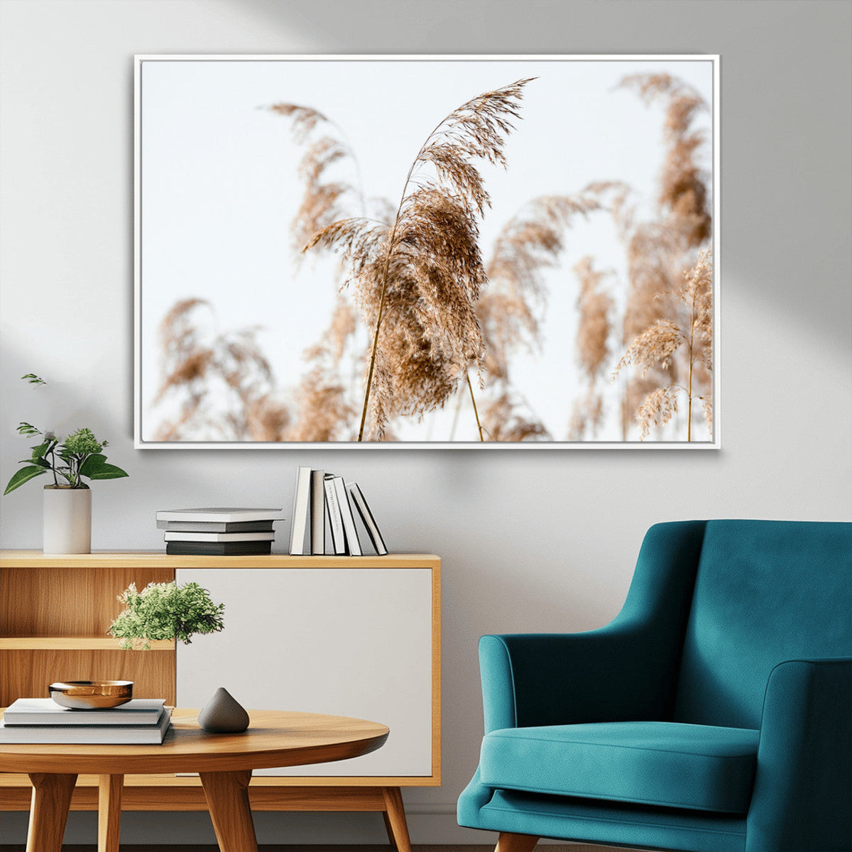 Pampas Grass Wall Art Canvas Print, Framed Neutral Tones Minimalist Boho
