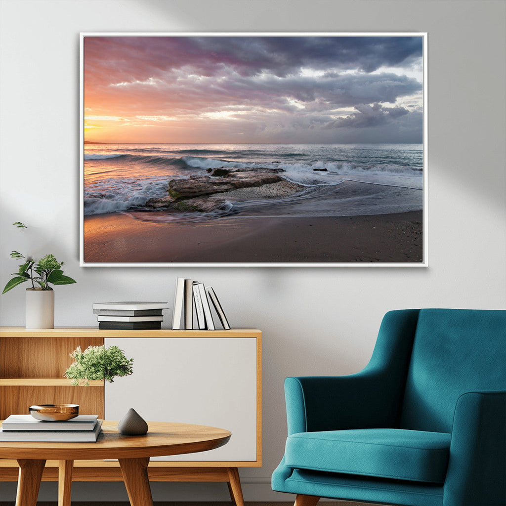 Golden Hour Wall Art Canvas Print, Framed Tranquil Waves Beach Sunset