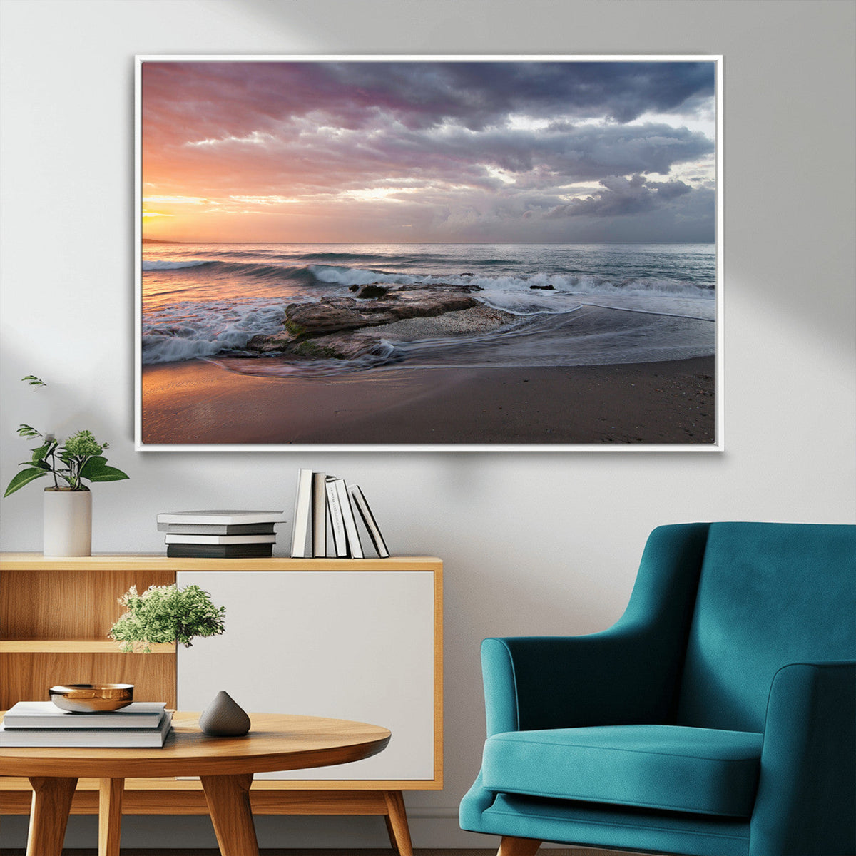 Golden Hour Wall Art Canvas Print, Framed Tranquil Waves Beach Sunset