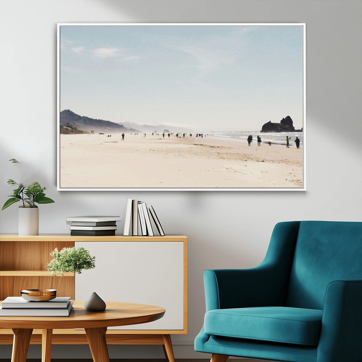 Minimalist Beach Wall Art Canvas Print, Framed Coastal Serenity Soft Sand