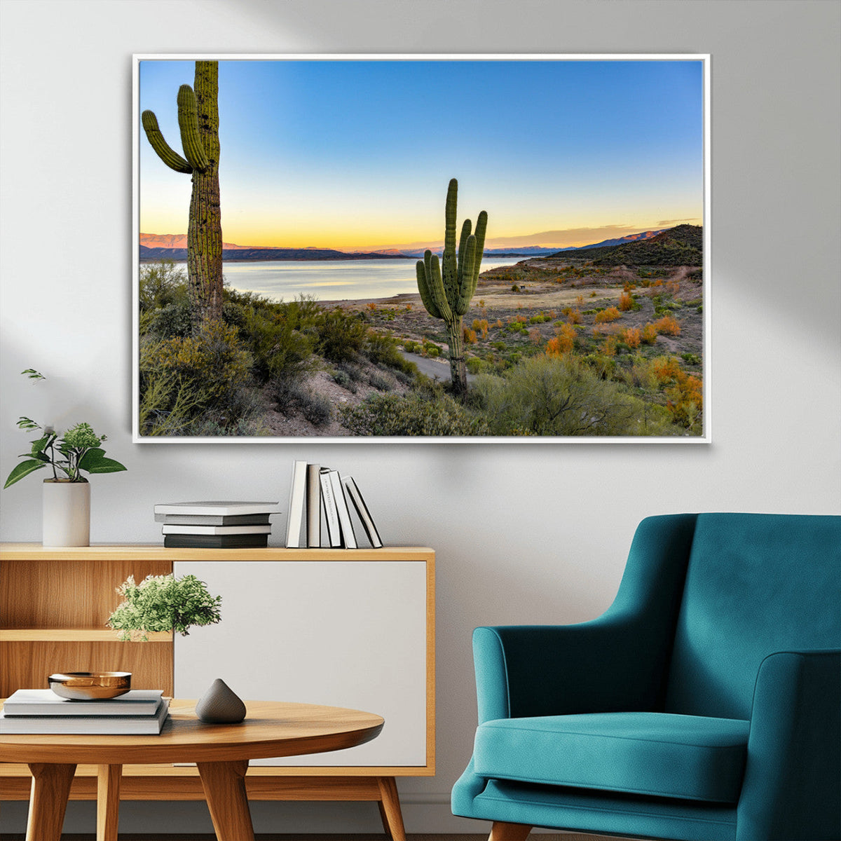 Saguaro Cactus Wall Art Canvas Print, Framed Desert Sunset Southwestern